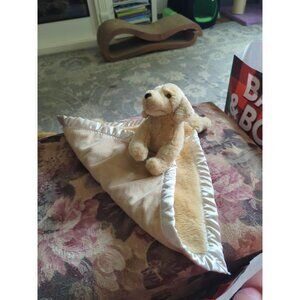 My Banky Britta Baby Lovey Blanket Puppy Golden 14" Plush Beige Tan Satin Trim